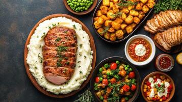 A variety of meat dishes with mashed potatoes and vegetables photo