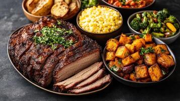 A large plate of meat, potatoes and vegetables photo