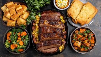 A large platter of food with meat, vegetables and bread photo