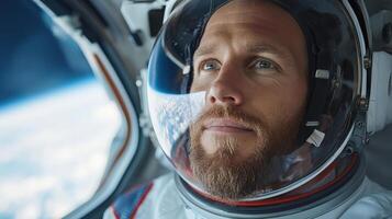 Astronaut in space suit looking out of window photo