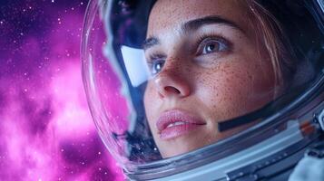 A woman in an astronaut suit looking up at the sky photo