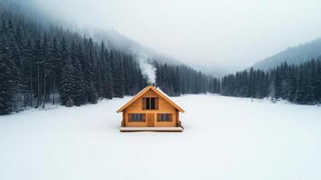 A small cabin in the middle of a snowy field photo