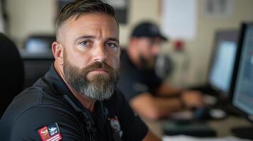 A man with a beard and a beard sitting at a desk photo