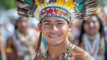 A man wearing a headdress and smiling photo