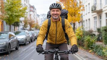 A man is riding his bike down a city street photo