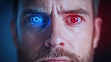 A man with blue and red eyes photo