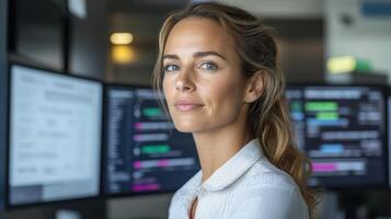 A woman in front of multiple computer monitors photo