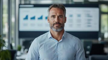 A man with a beard and shirt standing in front of a computer screen photo