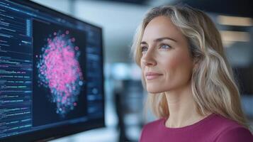 A woman looking at a computer screen with a data chart photo