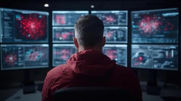 A man in a red jacket is looking at multiple screens photo
