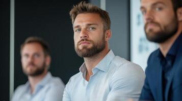 Three men sitting in a meeting room with one man with a beard photo