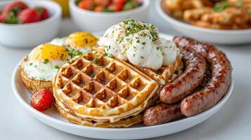 A plate with waffles, eggs and sausage photo
