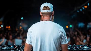 Dj with white hat and headphones at a party photo