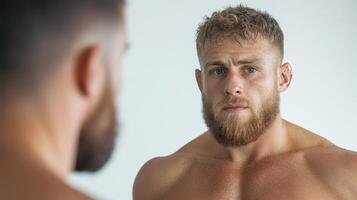 A man with a beard looks in the mirror photo