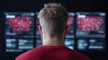 A man in a red shirt is looking at a computer screen photo