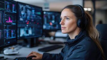 A woman wearing headphones in front of multiple computer screens photo
