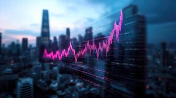 A cityscape with a graph line and a stock market chart photo