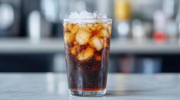 A glass of cola sitting on a table photo