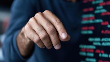 A man pointing at a computer screen with a code photo