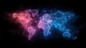 World map with blue and pink colors on black background photo