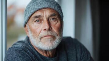 An older man with a beard and a grey hat photo