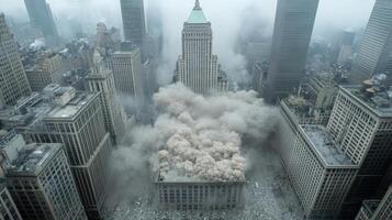 A large building is being demolished by a large cloud of dust photo