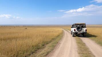 A dirt road with a jeep driving down it photo