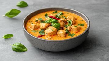 Thai chicken curry in a bowl with basil leaves on a gray background photo