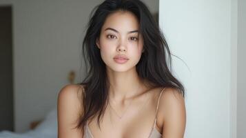 A woman in a bra top sitting on a bed photo