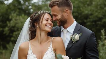 A bride and groom smile together in a field photo
