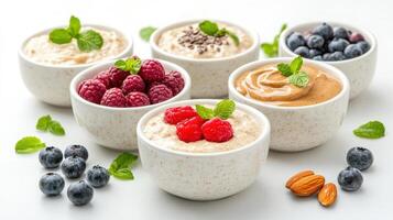 A variety of different types of yogurt in bowls photo