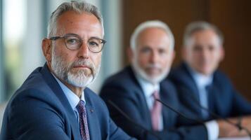 Three men in suits sitting at a conference table photo