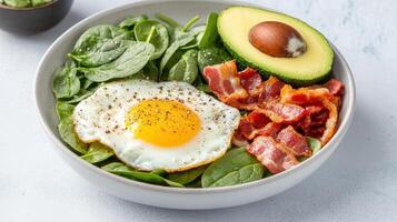 A bowl of food with bacon, avocado, spinach and eggs photo