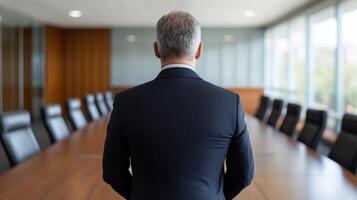A man in a suit standing in front of a conference table photo