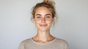 Portrait of a beautiful young woman with freckles on her face photo