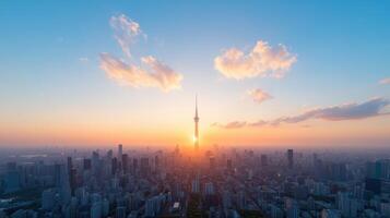 The sun rises over the city skyline in this photo