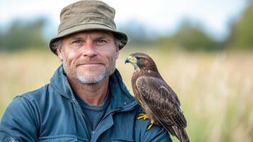 A man with a hawk on his shoulder photo
