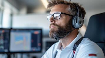 A man with a beard and glasses wearing headphones photo