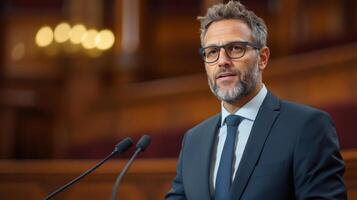 A man in a suit and glasses giving a speech photo