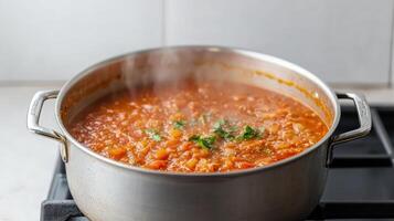 A pot of soup on the stove with a steaming pot photo