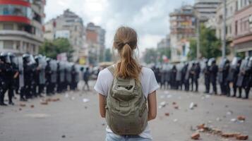 A woman with a backpack standing in front of a crowd of riot police photo