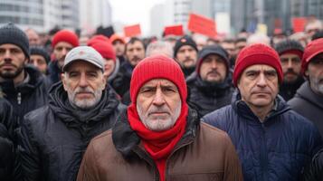 A group of men wearing red hats and scarves photo