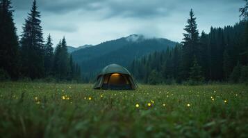 A tent is set up in a field with trees and flowers photo
