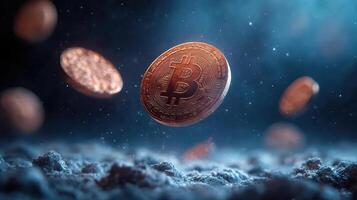 Bitcoin is falling in the air with coins photo
