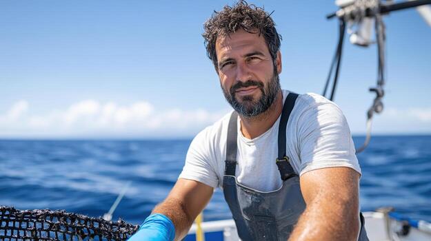 A man is holding a net on a boat photo