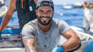 A man smiles while holding a fish on a boat photo