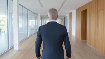 Rear view of businessman walking in empty office space photo