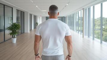 A man walking in an office building photo