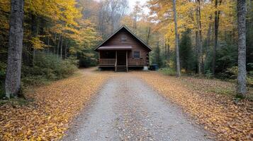 A small cabin surrounded by trees in the fall photo