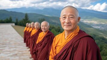 A group of monks standing in front of a mountain photo